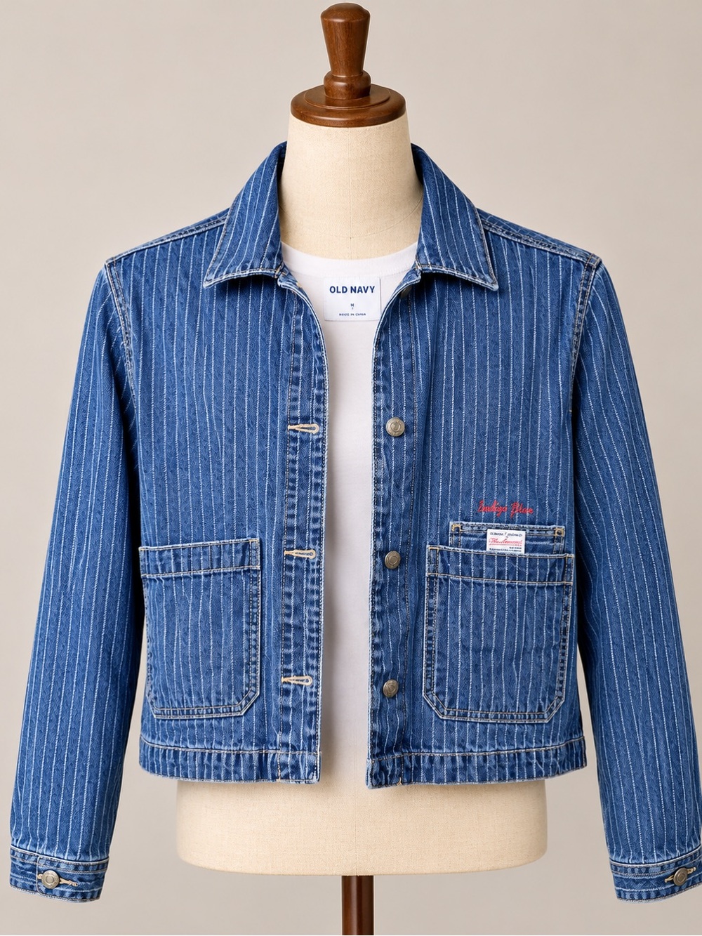 Pinstripe Denim Jacket Women’s Sm Blue Button Front Utility Jean JacketCropped